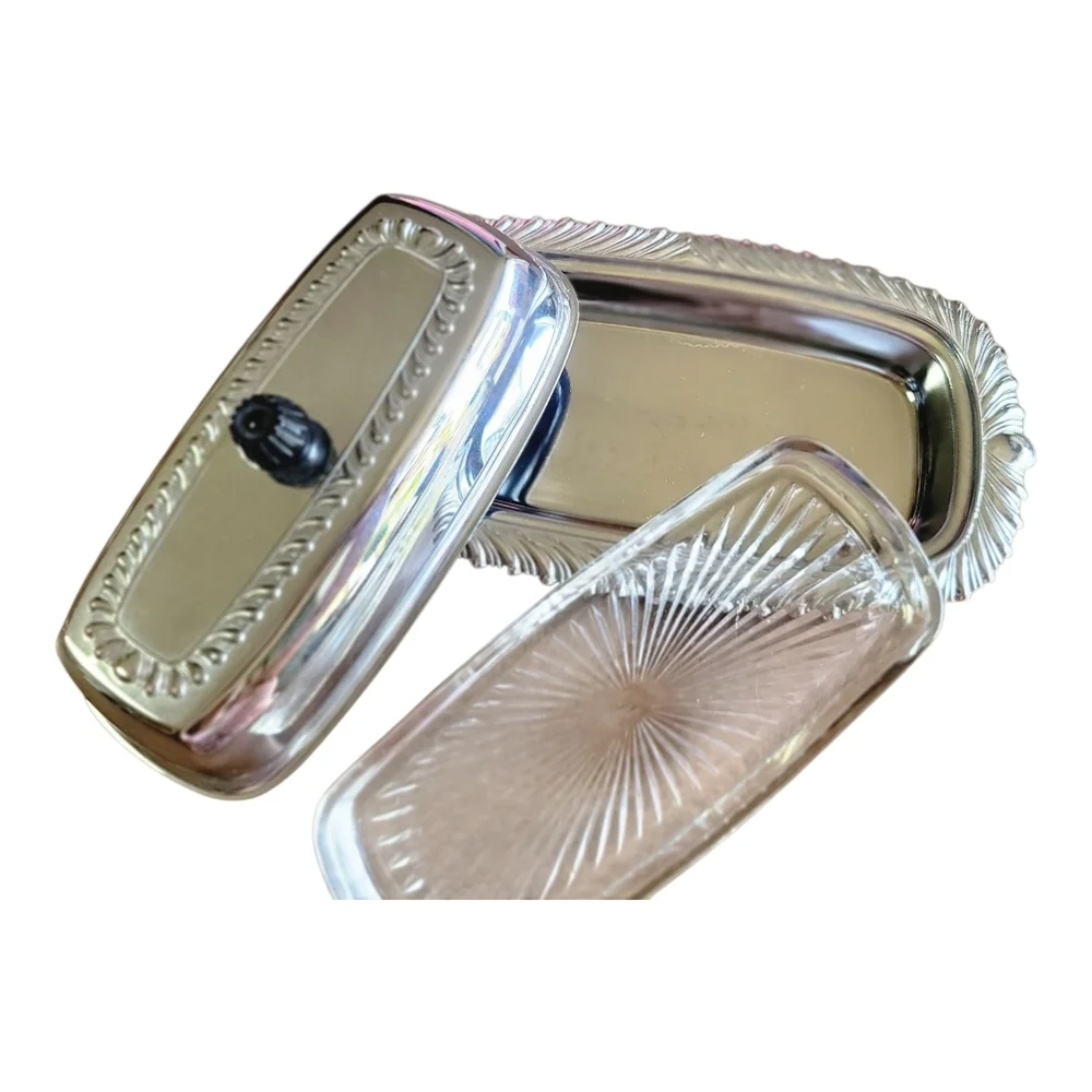 Vintage Metal Butter Dish with Black Knob